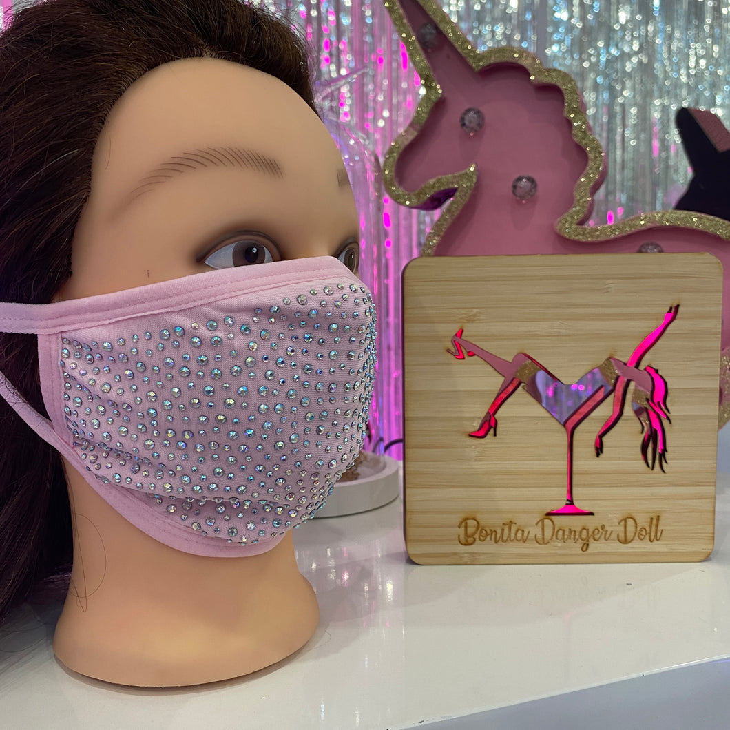 Rhinestone Face Mask - Light Pink with Crystal AB Rhinestones